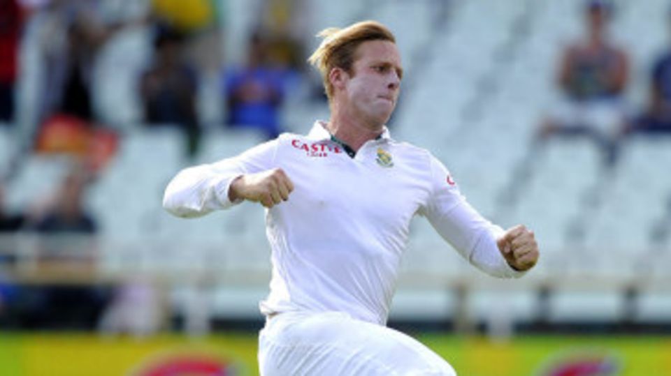 Simon Harmer sets off in celebration after removing Marlon Samuels