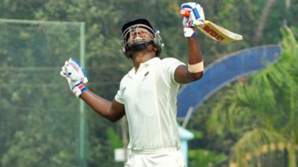 Sanju Samson celebrates after scoring a double-century