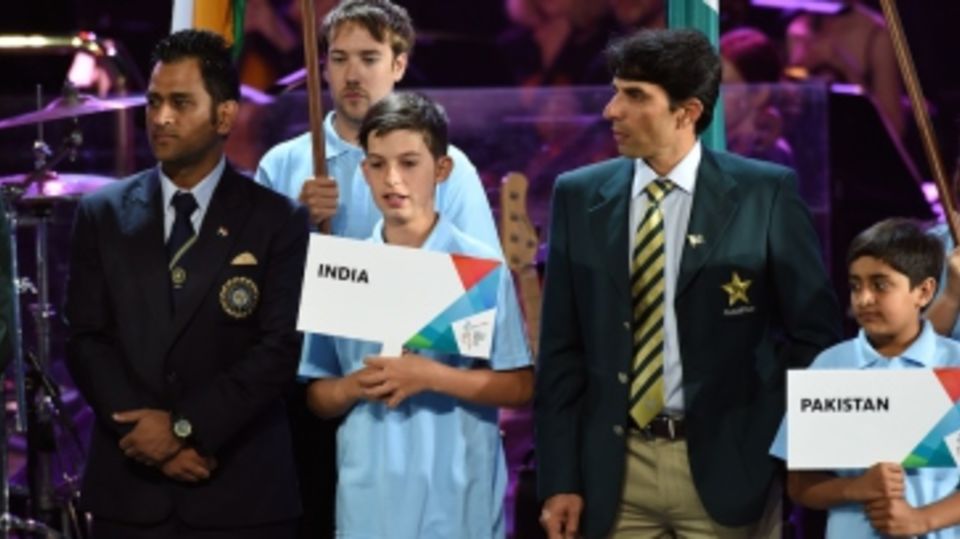 MS Dhoni and Misbah-ul-Haq onstage during the opening ceremony