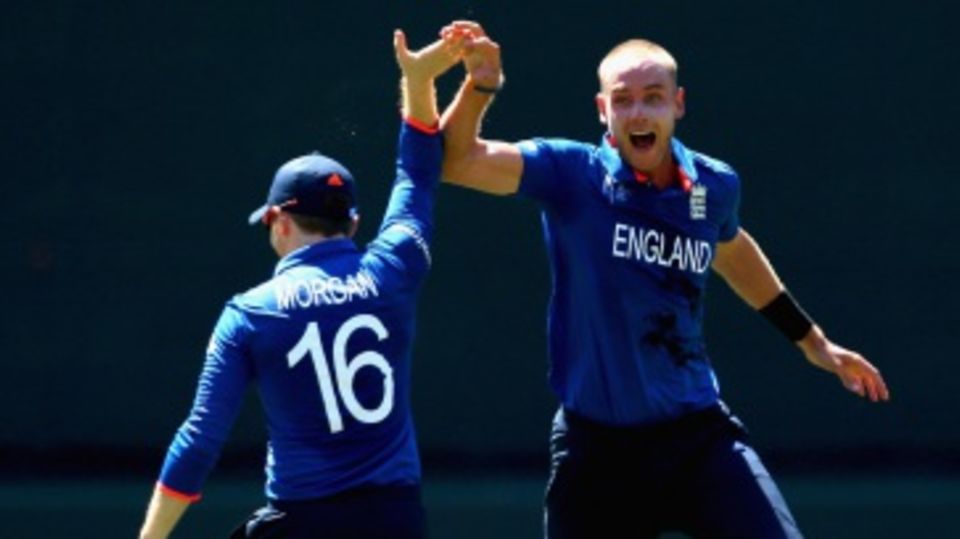 Stuart Broad celebrates after dismissing Shane Watson first ball
