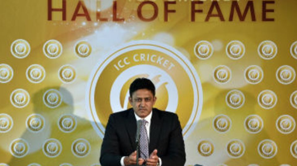 Anil Kumble addresses the media prior to his induction into the ICC Hall of Fame at the MCG