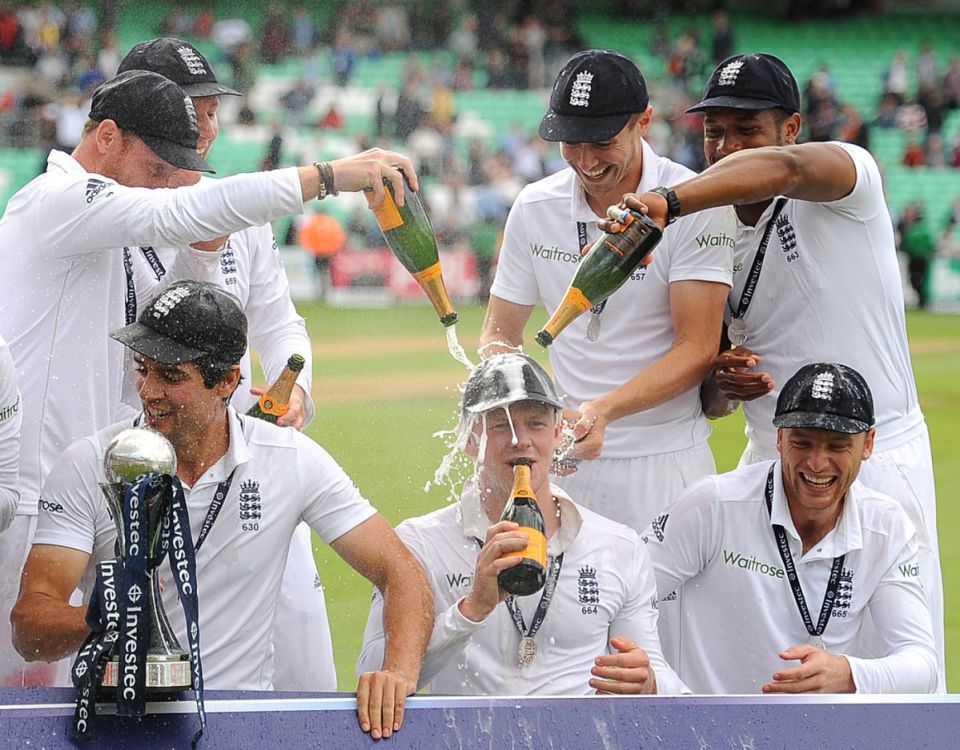 Young and anointed: Sam Robson gets a champagne shower after England's series win over India in 2014