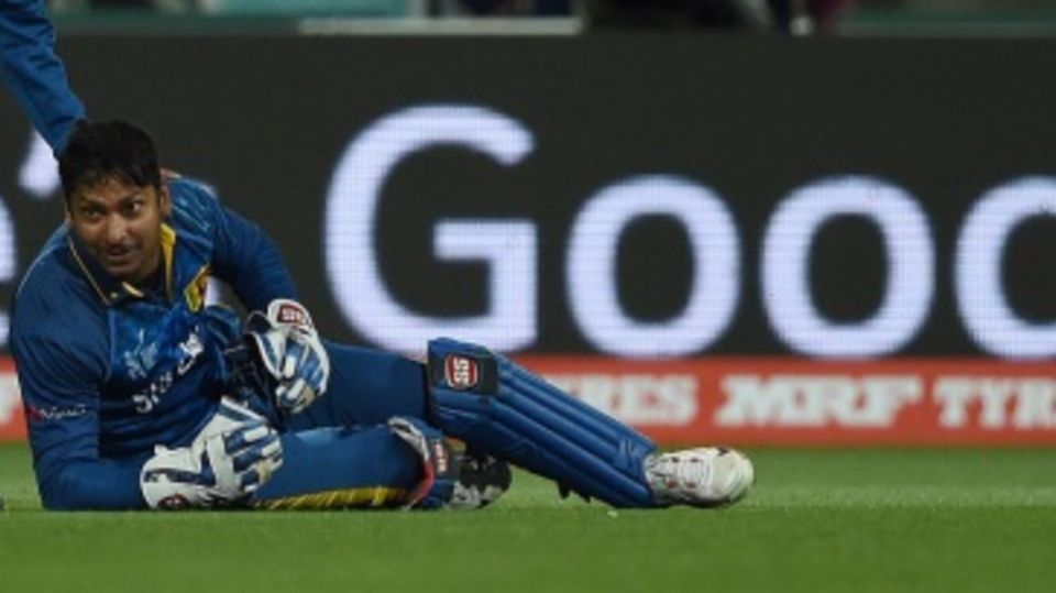Kumar Sangakkara is relieved after holding on to a skier
