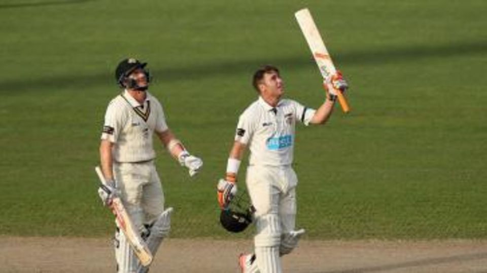 Marcus Harris celebrates his hundred