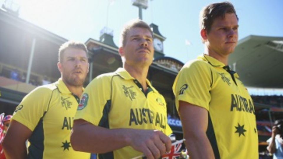 David Warner, Aaron Finch and Steven Smith walk out for the national anthems