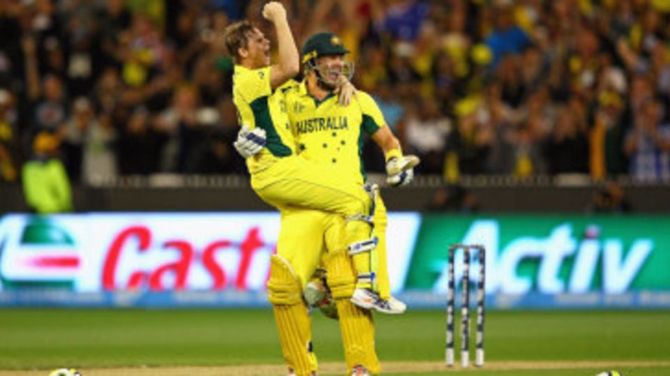 Steven Smith and Shane Watson celebrate Australia's fifth World Cup title