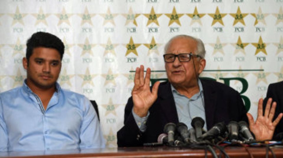 Azhar Ali and PCB chairman Shahryar Khan speak to the media