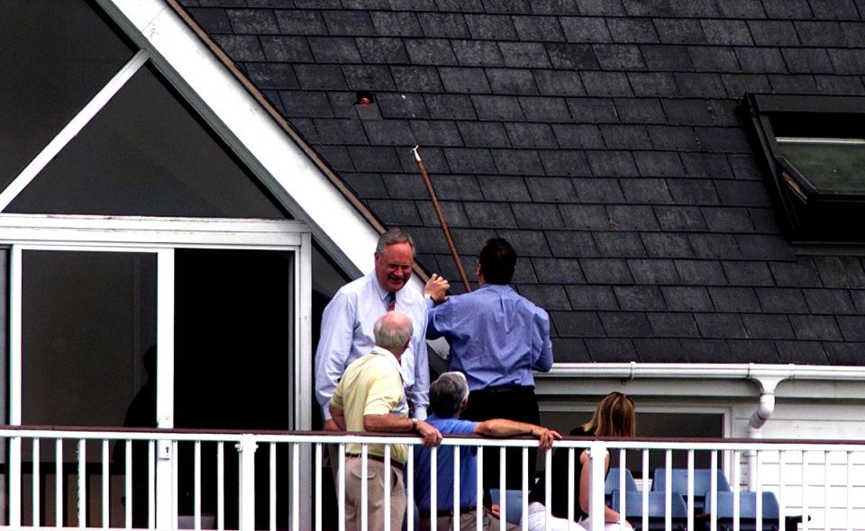An Afridi six gets lodged in the roof at New Road, 2001