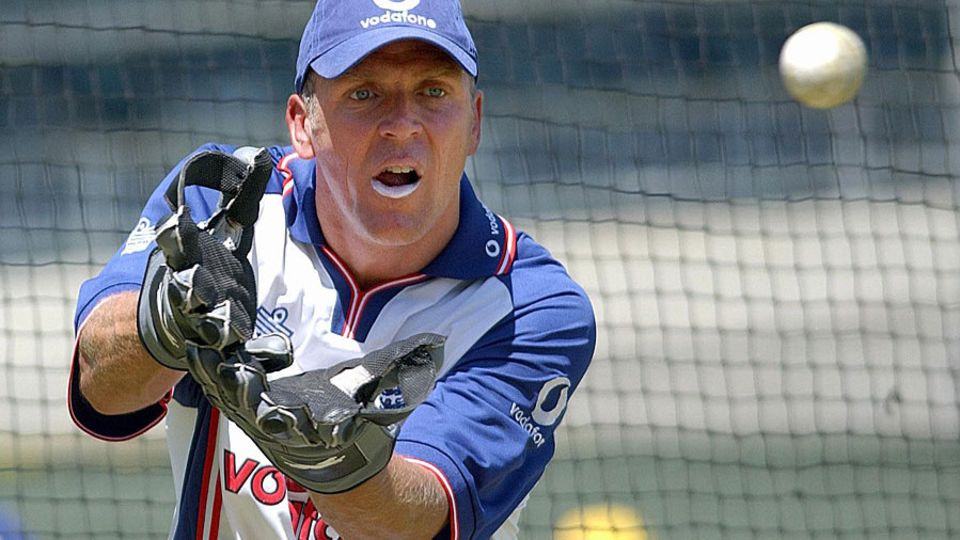 Alec Stewart practices his keeping
