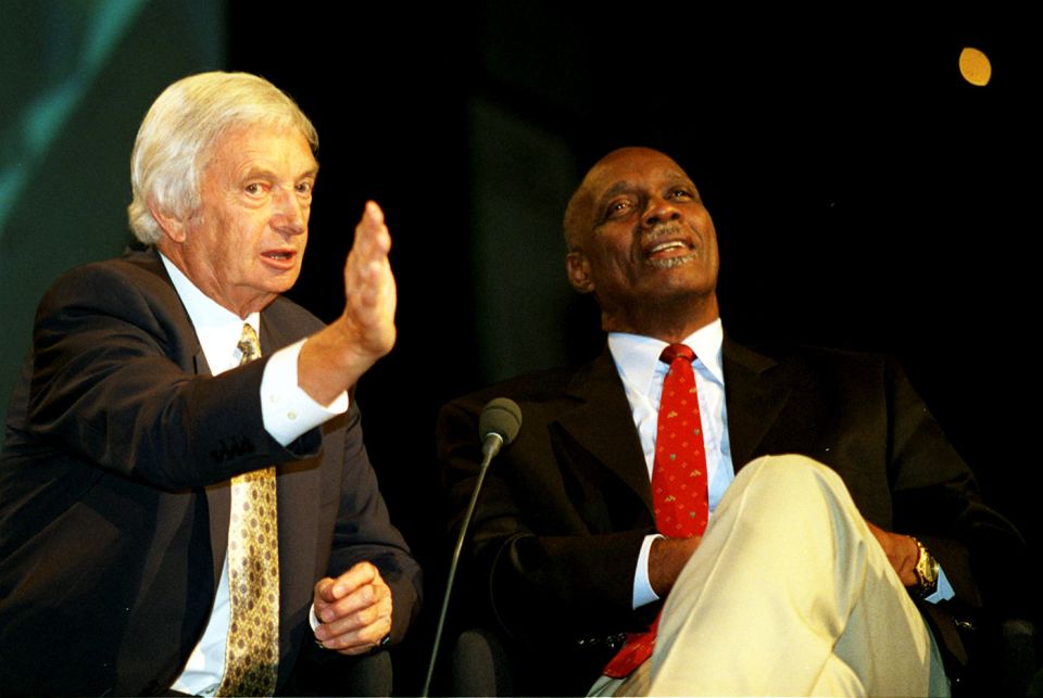Richie Benaud and Wes Hall in Brisbane at a reunion marking the 40th anniversary of the tied Test