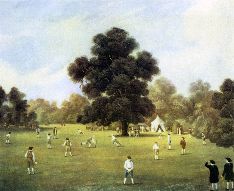 The gentlemen of Surrey and Kent playing cricket at Knole Park, Kent, the home of Lord John Sackville, in 1775