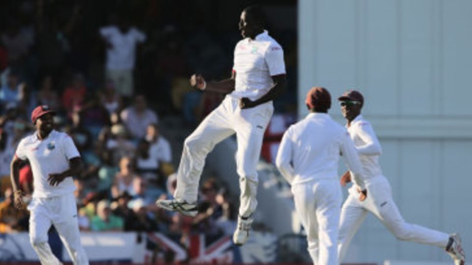 West Indies flying: Jason Holder celebrates a wicket