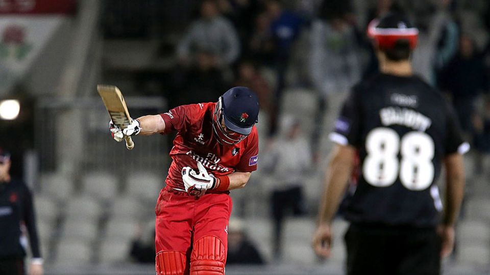 Steven Croft celebrates after hitting a final-ball boundary to win the match