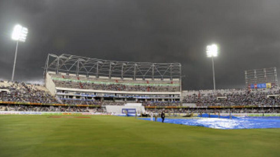 Storm clouds gather over the Rajiv Gandhi International Stadium
