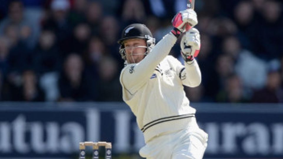 First ball? No problem. Brendon McCullum whacks it over cover for six
