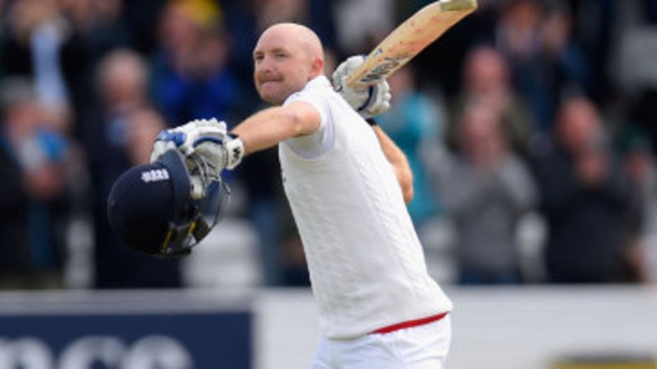 Adam Lyth celebrates his maiden Test hundred