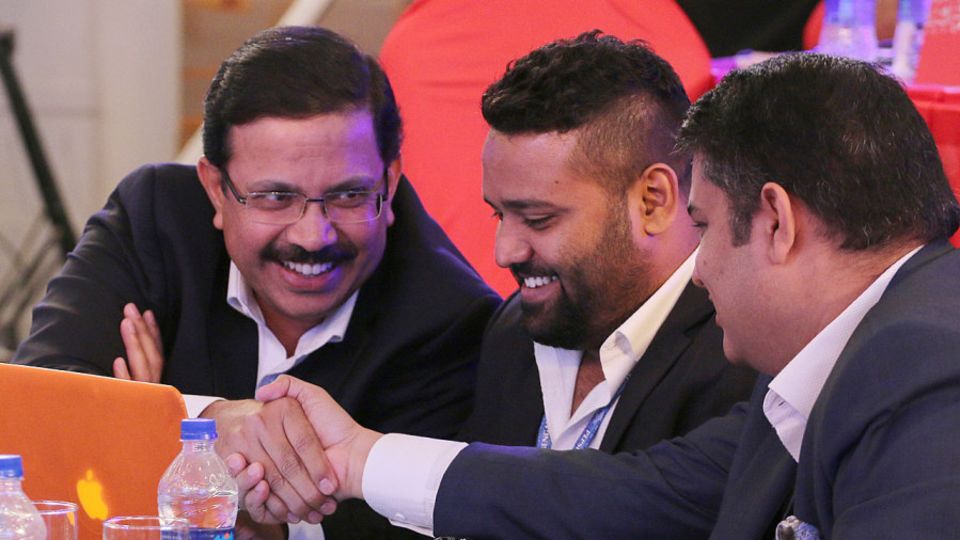 KKR CEO Venky Mysore (far left) and AR Srikkanth (middle) at the IPL auction