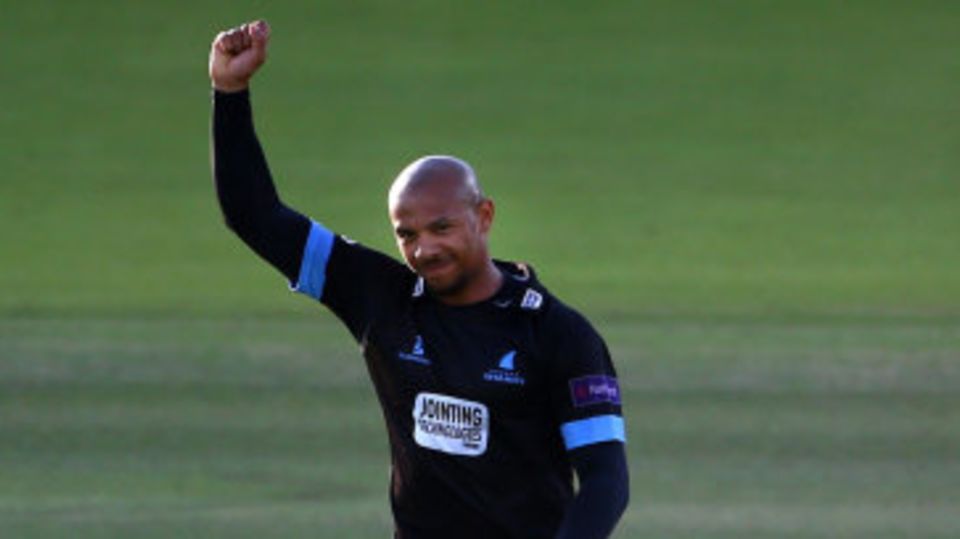 Sussex bowler Tymal Mills celebrates one of his four wickets against Middlesex
