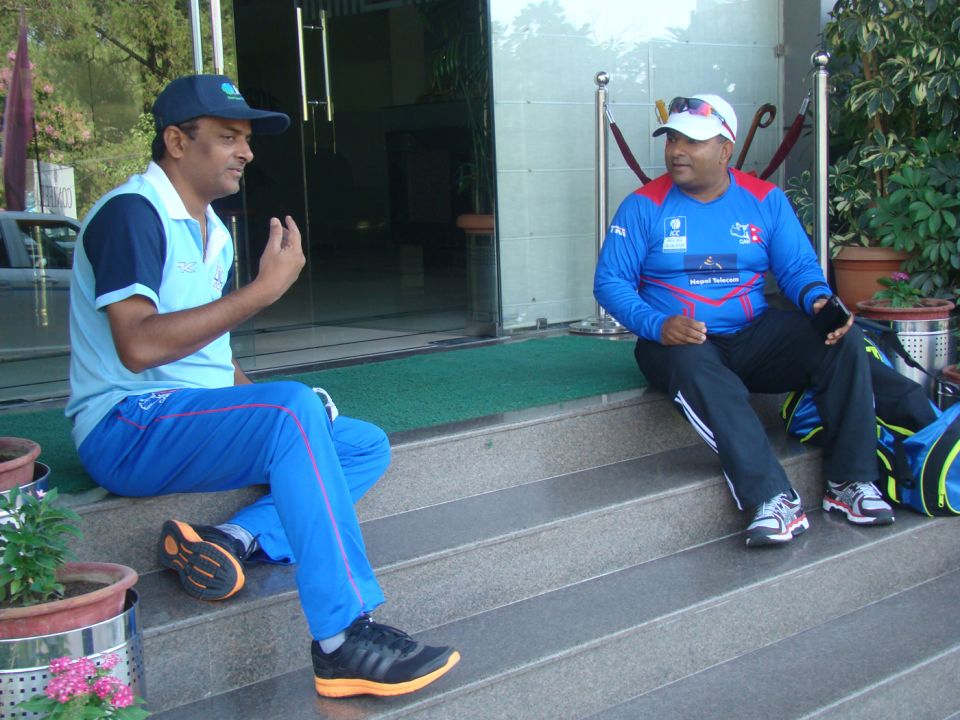 Pubudu Dassanayake with ACC development officer (and former India spinner) Venkatapathy Raju, in Dharamsala