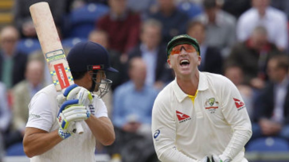 Brad Haddin collects a thick edge to remove Alastair Cook