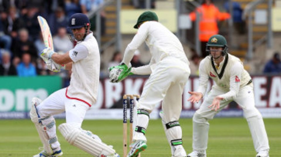 Alastair Cook cuts and is caught behind