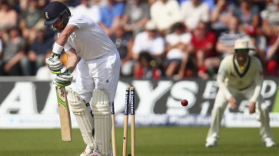 Ian Bell is bowled by Mitchell Johnson