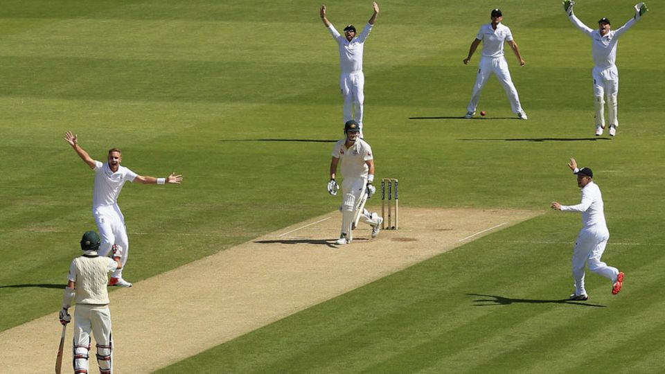 England celebrate after Shane Watson is given out lbw. He reviewed, but to no avail