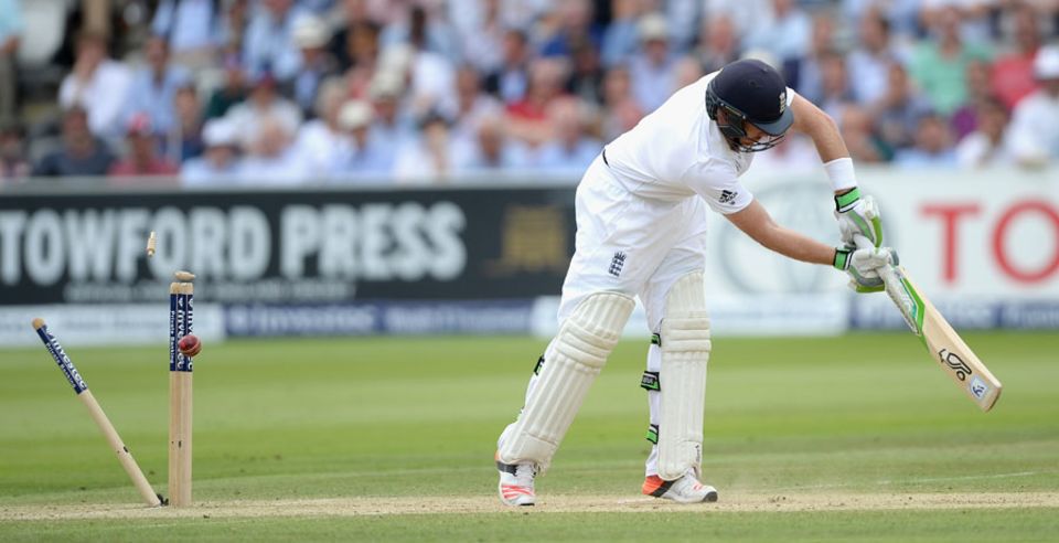 Ian Bell had his off stump pegged back, by Josh Hazlewood, to leave England 29 for 3...