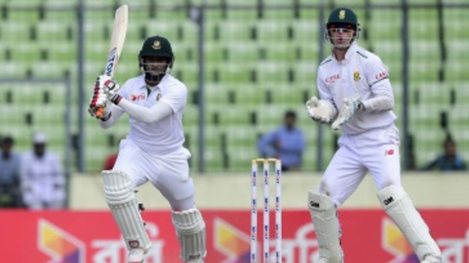 Shakib Al Hasan powers the ball through the off side