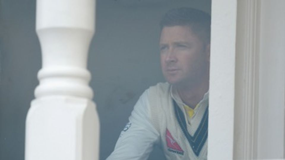 A despondent Michael Clarke watches his side's batting collapse