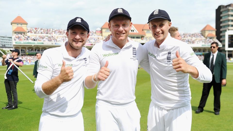 Yorkshire trio Adam Lyth, Jonny Bairstow and Joe Root celebrate England's Ashes win