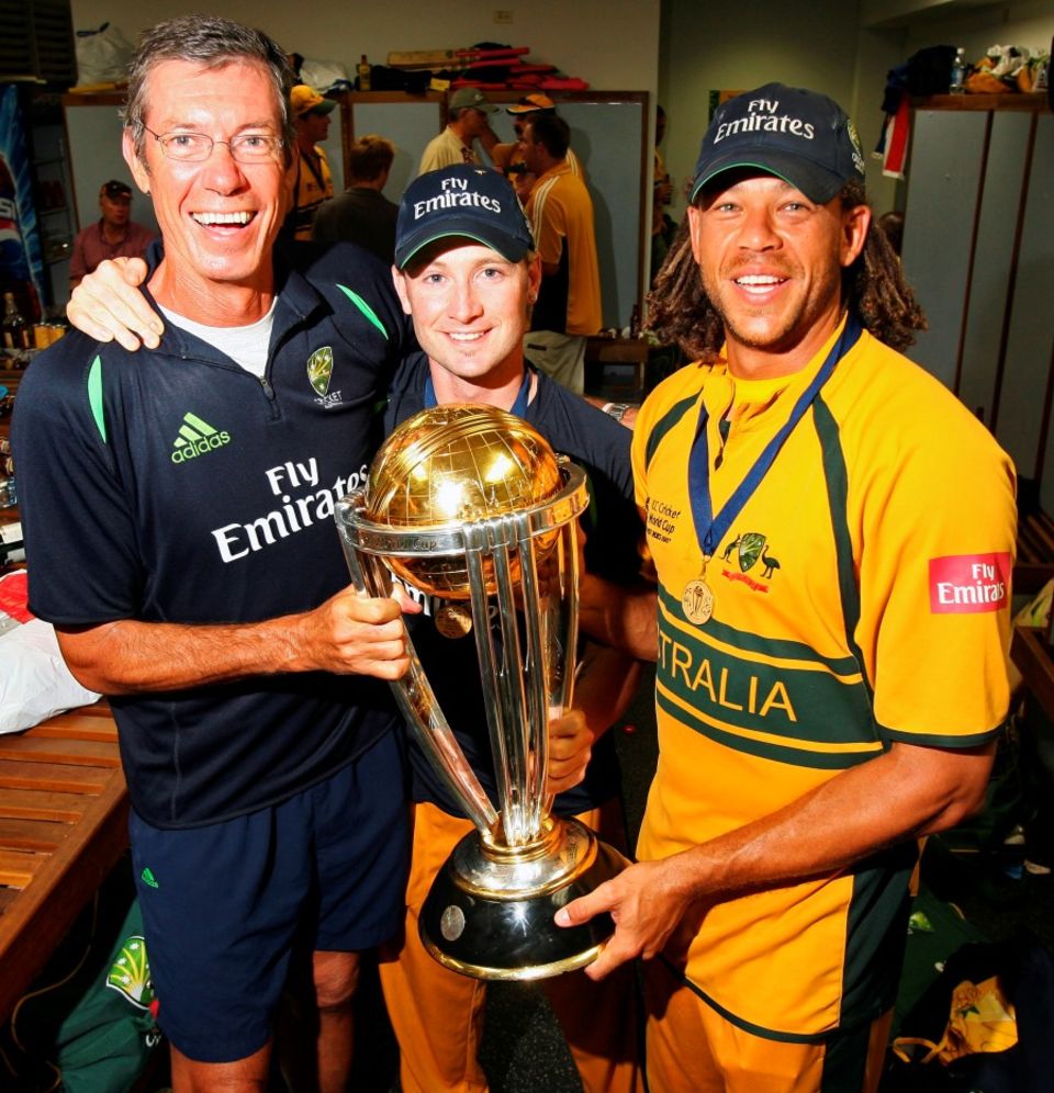 John Buchanan, Michael Clarke and Andrew Symonds after the 2007 World Cup triumph