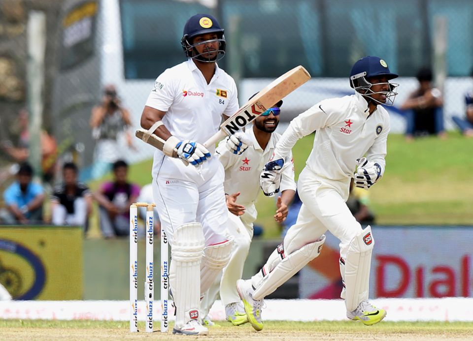Kumar Sangakkara, playing his penultimate international match, was sharply caught at silly point off R Ashwin for 5 as Sri Lanka slipped to 27 for 3