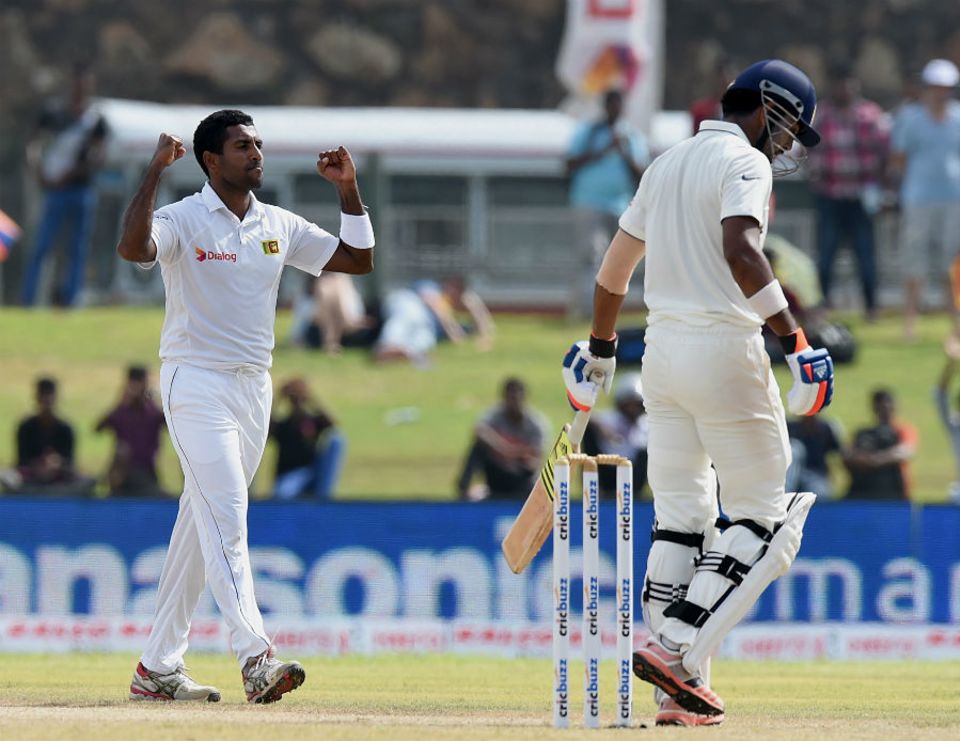KL Rahul's stay at the crease was cut short by Dhammika Prasad, who trapped the batsman lbw for just 7