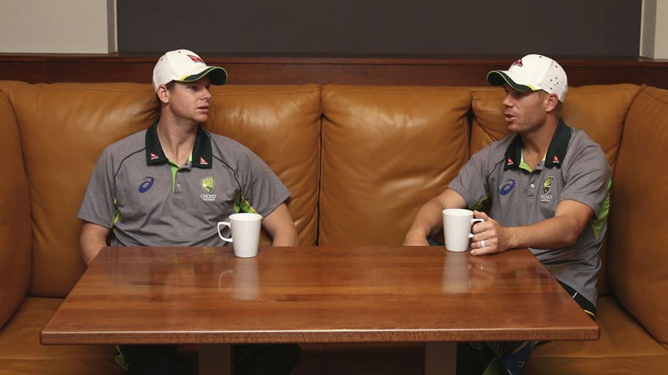 Steven Smith and David Warner discuss their new roles while the rain falls in Northampton
