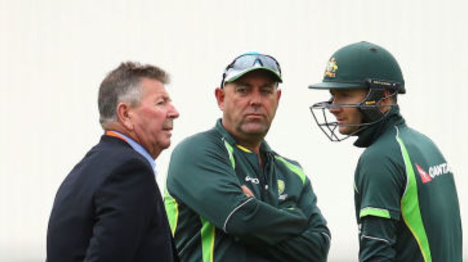 Michael Clarke chats ahead of his final Test to chairman of selectors Rod Marsh (left) and coach Darren Lehmann