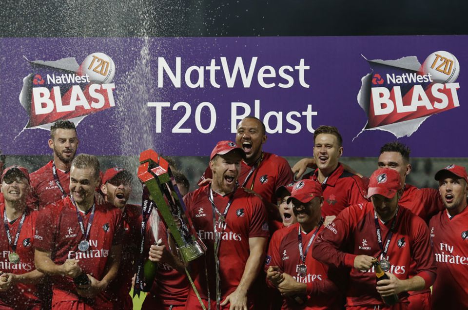 Steven Croft lifts the NatWest Blast trophy as Lancashire broke their duck
