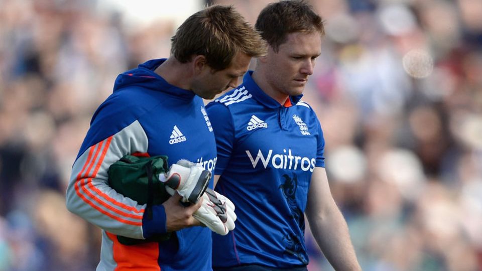 After lengthy on-field assessment, Morgan retired hurt to be treated for concussion, his participation in the match over