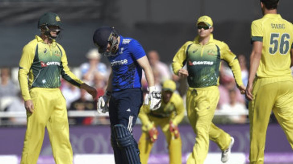 The Australia players were quick to check on Eoin Morgan