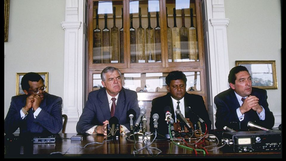 From left: Steve Tshwete, who would later be South African minister of sport; Geoff Dakin, the first president of the United Cricket Board; Krish Mackerdhuj, who was instrumental in the unification of the South African boards; and Bacher, at the ICC meeting in July 1991 at Lord's where South Africa's return to international cricket was announced