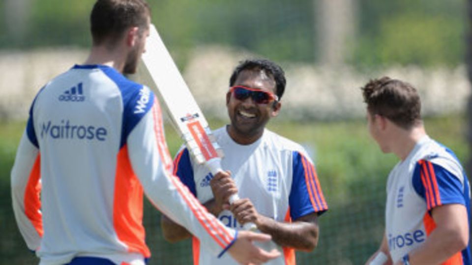Alex Hales and James Taylor consult with Mahela Jayawardene