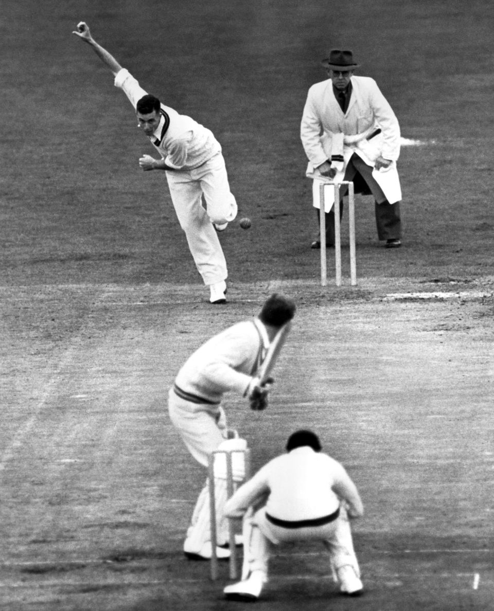 Goddard bowls on the 1955 tour of England, on which he took 60 wickets and made 1163 runs in all matches