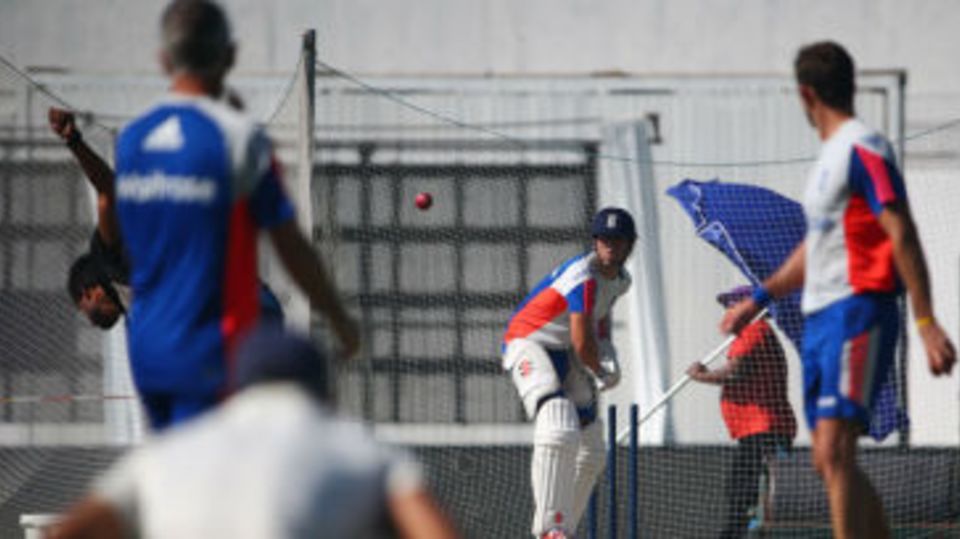 Alastair Cook prepares to face a delivery during a net session