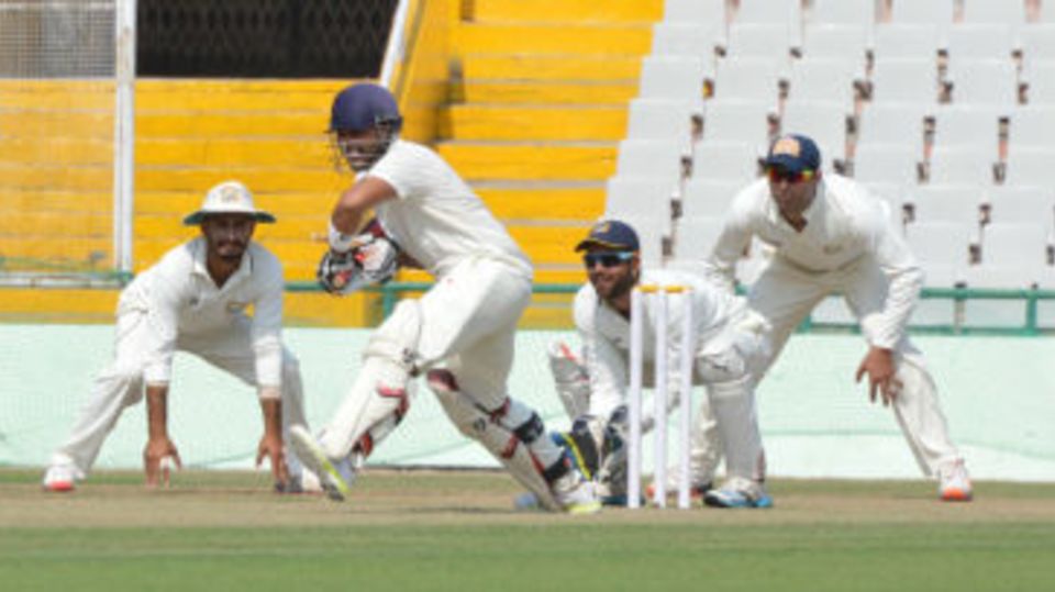 Samit Gohel prepares to play off the front foot