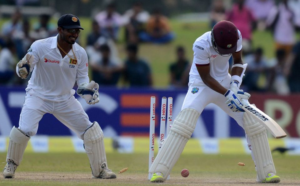Angelo Mathews enforced the follow-on and Herath and Milinda Siriwardana picked up a wicket each as West Indies finished the third day at 67 for 2, still trailing by 166