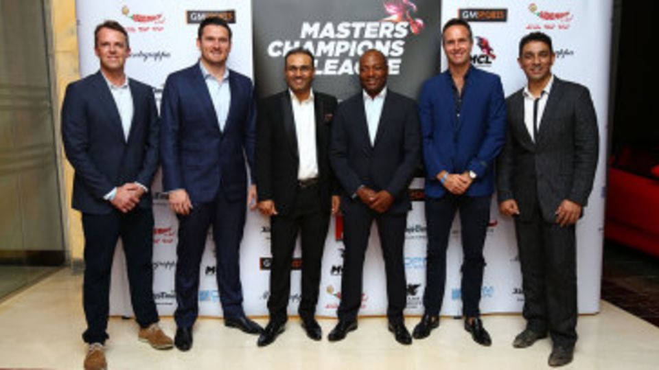 Graeme Swann, Graeme Smith, Virender Sehwag, Brian Lara, Michael Vaughan and Azhar Mahmood at a MCL promotional event