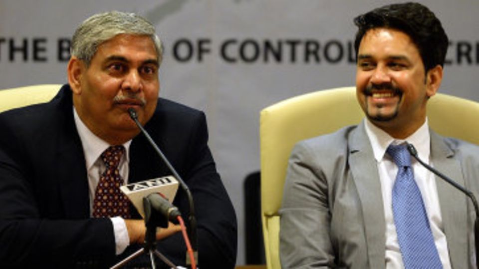 Shashank Manohar and Anurag Thakur at a press conference