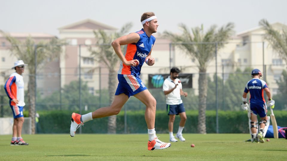 Stuart Broad comes in off his long run in training