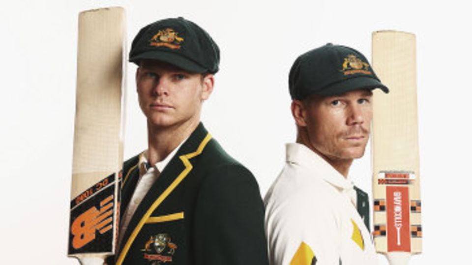 Steven Smith and David Warner pose ahead of the 2015-16 home Test season