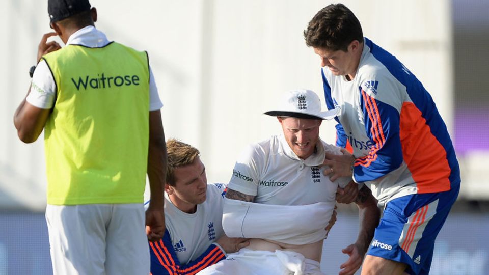 Ben Stokes needed treatment after landing on the point of his right shoulder